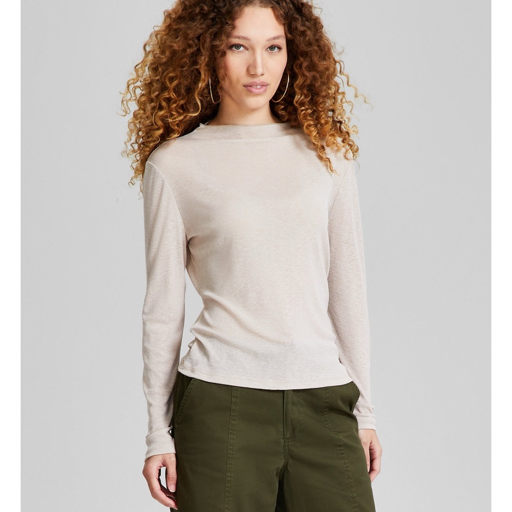 And now this Macys beige Fitted mesh long sleeve sheer blouse top High Neck NWT